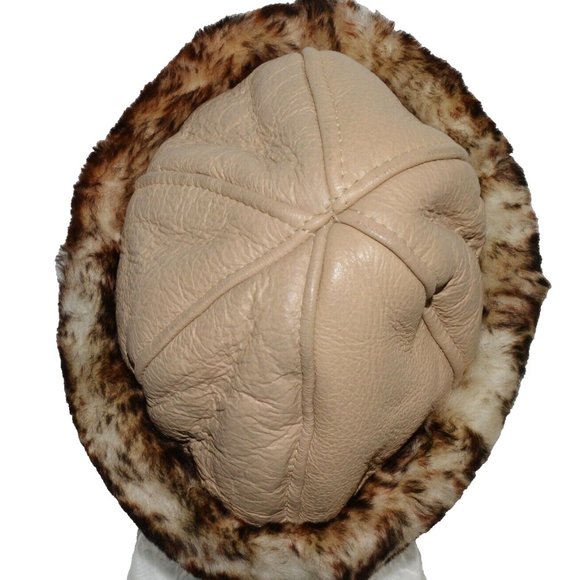 PELE & CIA VINTAGE SIZE MEDIUM BEIGE BROWN LEATHER SHEARLING SHEEPSKIN HAT main image 4